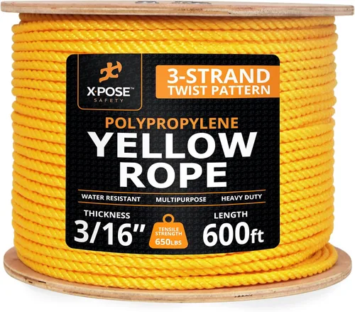 Miniatura 35 de Cuerda de polipropileno trenzado amarilla, 1/2 pulgada de grosor x 50 pies de largo, cuerdas de polietileno resistentes para uso en exteriores