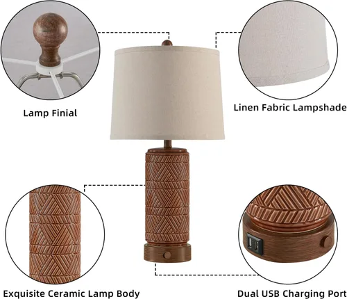 Miniatura 5 de RORIA Juego de 2 lámparas de mesa vintage táctiles para sala de estar, lámpara de mesita de noche regulable de 3 vías con 2 puertos USB, lámparas
