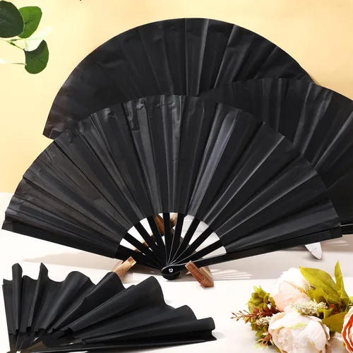 Miniatura 7 de 45 ventiladores de mano plegables grandes para baile de línea, chino, kung fu, tai chi, aplaudir, fanáticos para hombres y mujeres, festivales, Negro