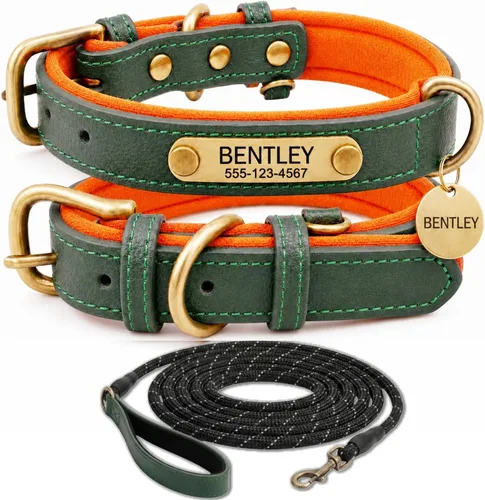 Miniatura 6 de Collar de cuero para perro personalizado y juego de correa, personalizado con diseño acolchado suave y resistente con placa de nombre grabada