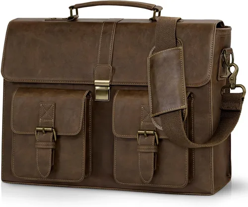 Miniatura 9 de RAINSMORE Bolsa de mensajero para hombre de 15.6 pulgadas de cuero vintage para laptop, maletín impermeable, bolsa de cuero para computadora laptop