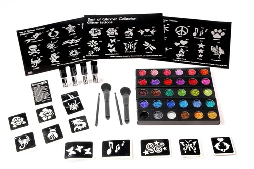 Glimmer Body Art Temporary Tattoo Pro Business Kit - Juego completo con 30 purpurina, 150 plantillas, 3 hojas de diseño, 4 tubos de pegamento, 2