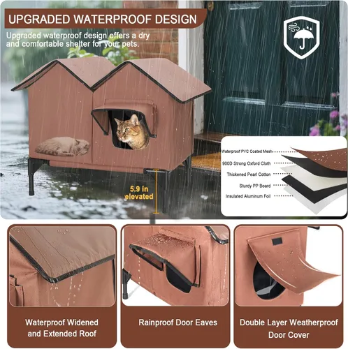 Miniatura 3 de Casa grande para gatos con calefacción para exteriores en invierno, casa elevada impermeable para gatos al aire libre con almohadilla térmica, casa