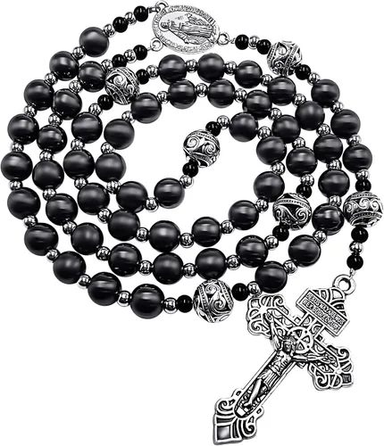 Nazareth Store Pardon Hematite - Rosario para hombre cuentas negras de acero inoxidable medalla milagrosa y cruz de nuestro padre 20 pulgadas