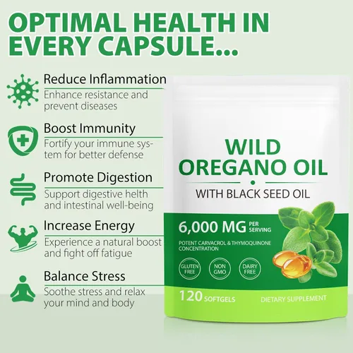 Miniatura 3 de Cápsulas de aceite de orégano con aceite de semilla negra, 6000 mg de aceite de orégano y 200 mg de aceite de semilla negra por porción, apoyo
