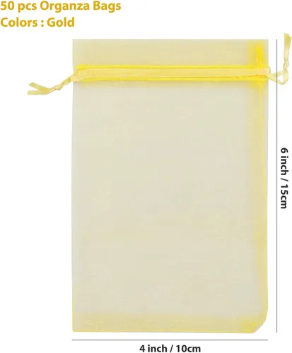 Miniatura 3 de ANZNKU Paquete de 50 bolsas de organza pequeñas de malla de 4 x 6 pulgadas, bolsa de regalo dorada de primera calidad con cordón, bolsa de malla