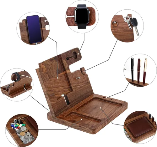 Miniatura 5 de awofer Estación de acoplamiento de madera, organizador de mesita de noche grabada personalizada, mesita de noche con soporte para teléfono, soporte