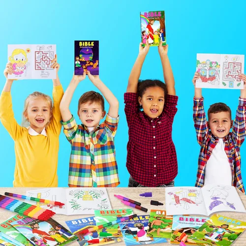 Miniatura 7 de BenLouis 24 libros para colorear cristianos mini para niños con 24 crayones apilables, versos bíblicos, recuerdos de fiesta, libros de actividades a