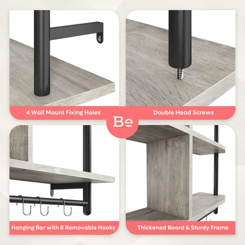 Miniatura 7 de Bestier Estantes Flotantes de Cocina de 41" Montados en Pared de 3 Niveles Barra de Café Estante para Tazas Colgante con 8 Ganchos Exhibidor