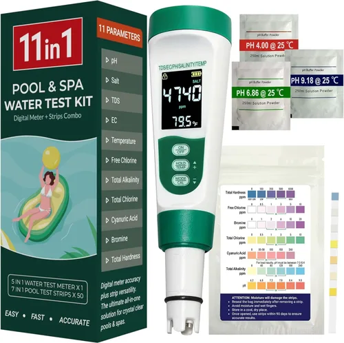 Kit de probador digital de agua para piscina 11 en 1 que incluye probador de sal 5 en 1 para piscina de agua salada y tiras de prueba de piscina 7