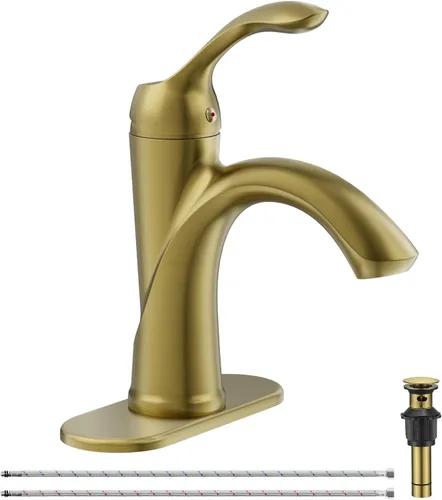 Grifo de baño dorado, grifo de baño de un solo agujero, estilo vintage de granja con palanca de una sola manija para lavabo con drenaje desplegable