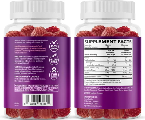Miniatura 8 de Gomitas de saúco para niños con zinc y vitamina C, suplemento de apoyo inmunológico para niños, 60 unidades, vegano, sabor a bayas, conveniente