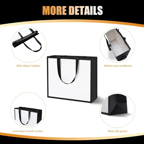 Miniatura 4 de Bolsas de regalo en blanco y negro con asas de cinta, 10 unidades de 12.5 x 4.5 x 11 pulgadas, bolsa de regalo blanca y negra, bolsas de regalo
