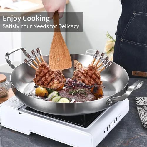 Miniatura 5 de Inqibee Paella de acero inoxidable de tres capas de 10 pulgadas, sartén para tortillas, sartén grande, plancha, salteado, cocina jumbo, cocina