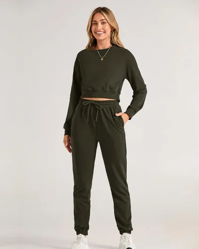 Miniatura 38 de BTFBM Conjunto deportivo de 2 piezas para mujer, camiseta corta de manga larga, sin botones, pantalón con cordón ajustable, pantalones deportivos