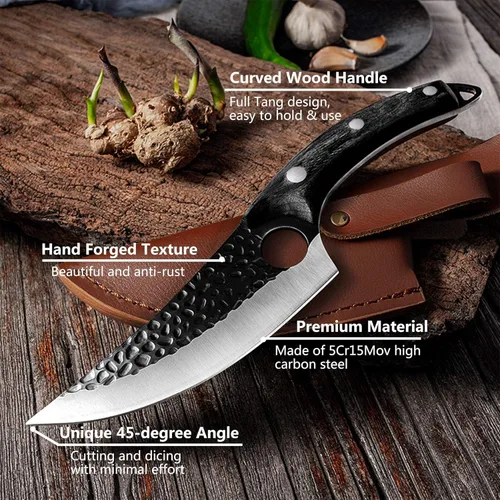 Miniatura 6 de Huusk - Cuchillos vikingos, cuchillo de carnicero forjado negro con vaina, filete japonés para carne, cuchillos de espiga completa para cocina
