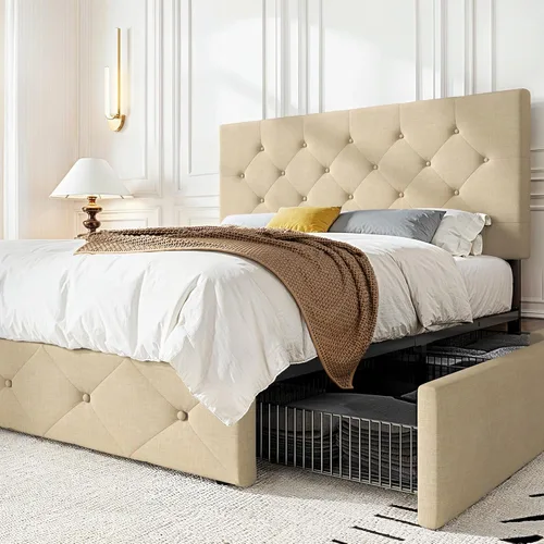 Miniatura 17 de HOOMIC Base de cama de almacenamiento de plataforma de tamaño matrimonial con 4 cajones y cabecera ajustable, listones de madera, no necesita Gris