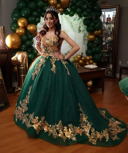 Miniatura 4 de XYAYE Vestido de quinceañera de tul brillante para mujer, vestido de fiesta con flores en 3D, vestidos sin tirantes de encaje dorado dulce 15 16