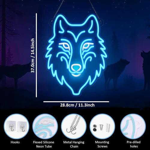 Miniatura 6 de CoolGift Mart Letrero de neón de lobo, luz LED regulable, decoración de pared de animales, regalo de Navidad, regalos de cumpleaños para niños