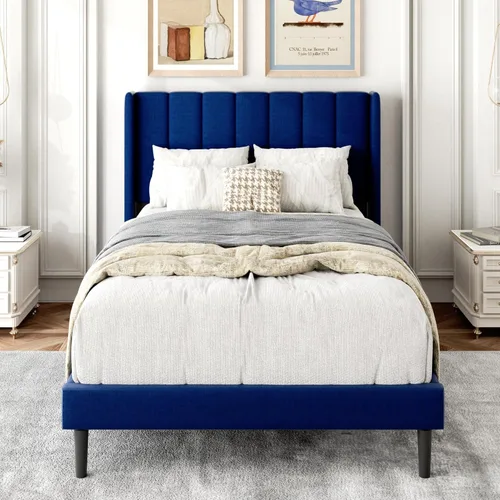 Miniatura 11 de Gruwans Estructuras de Cama Individual con Cabecera Wingback, Camas de Plataforma Tapizadas, No Necesita Somier, Soporte Resistente de Listones