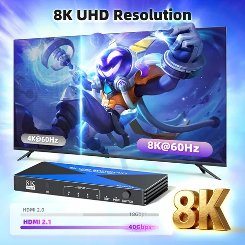 Miniatura 3 de Interruptor HDMI de 8K a 60Hz 4 en 1 salida. ALYYDBG 4K @120Hz/240Hz HDMI 2.1 Switcher compatible con HDR10+ HDCP 2.3 CEC dinámico, funciona
