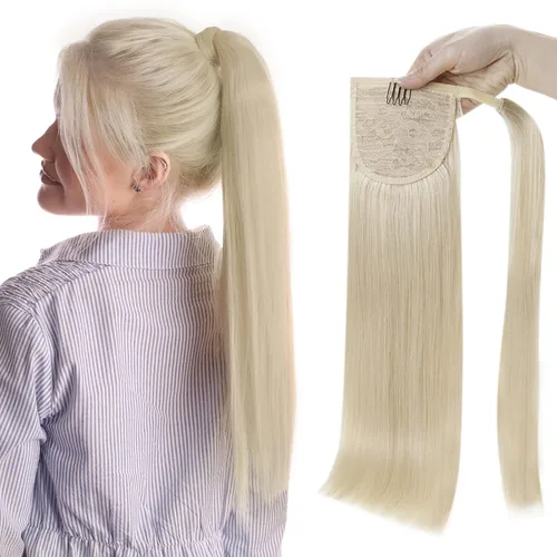 Miniatura 24 de Full Shine - Extensión de cola de caballo con clip, color marrón oscuro con mechas rubio miel, extensión de cabello humano real para mujeres, 14