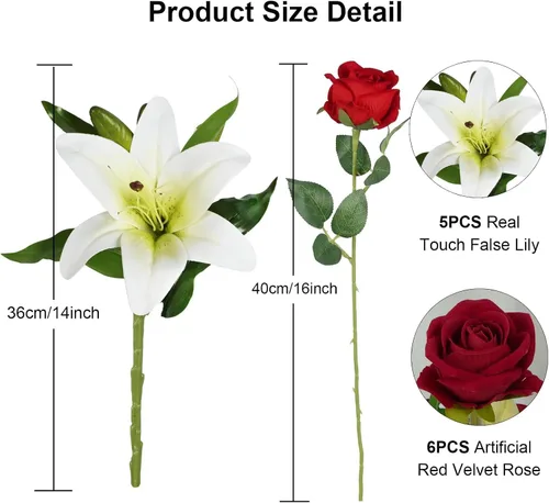 Miniatura 3 de HUAESIN Arreglos florales de seda, flores de lirio, ramo de rosas rojas artificiales de terciopelo para centros de mesa, mesas, decoración
