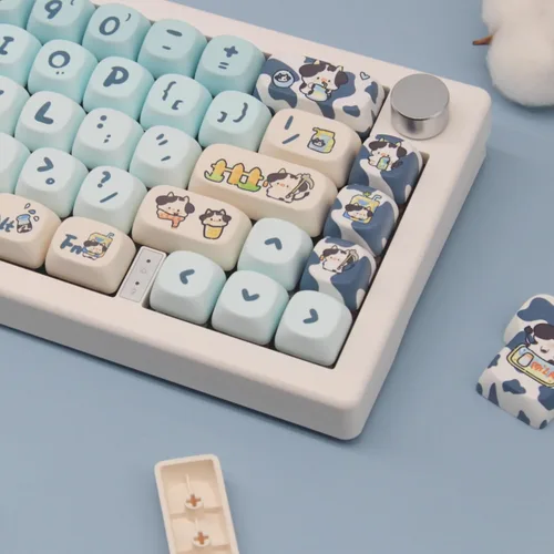 Miniatura 4 de MOA - Teclas de perfil con diseño de vaca PBT, 142 teclas para teclado mecánico, juego de teclas de tamaño completo (vaca azul)