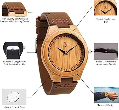 Miniatura 3 de Treehut - Reloj de pulsera analógico para hombres, de madera con correa de piel auténtica, estilo elegante., Marrón Natural 1