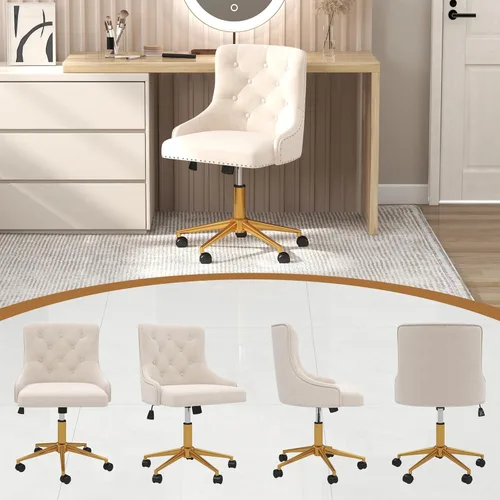 Miniatura 8 de Westice Sillas de escritorio de terciopelo, silla giratoria tapizada de maquillaje cómoda con respaldo copetudo, base de metal dorado y ruedas, Beige