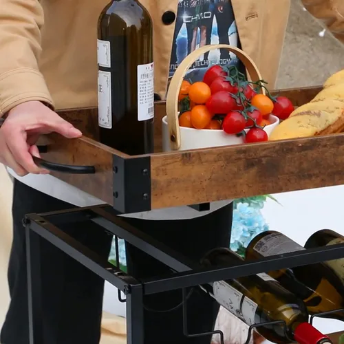 Miniatura 6 de Carro de servicio para bar con soporte para vino de 3 niveles para el hogar, con ruedas, móvil, estilo industrial vintage, carretilla de servicio
