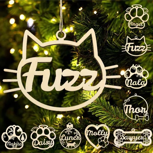 Adorno personalizado de pata de perro y gato, adorno personalizado con nombre de mascota, adornos de madera personalizados para árbol de Navidad