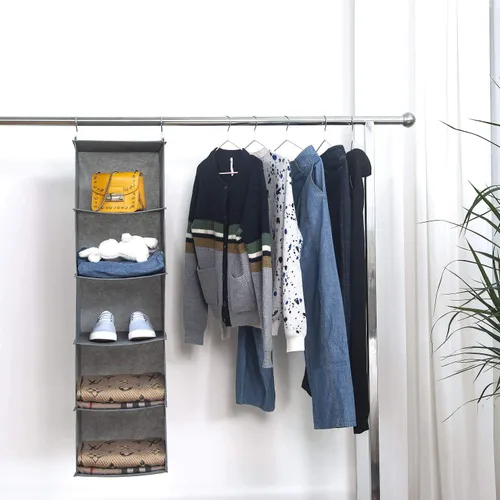 Miniatura 5 de BrilliantJo Organizador colgante de armario con 5 estantes, 2 unidades de almacenamiento colgante con 6 bolsillos laterales para bolsas de ropa, 43
