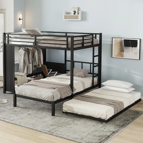 Miniatura 3 de Full Over Twin Bunk Bed with Trundle and Ladders, Metal Bunk Bed Frame with Built-in Foldable Desk & Wardrobe, Space-Saving Beds for Kids Teens