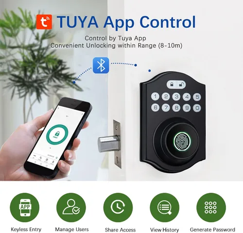 Miniatura 5 de Cerradura inteligente de puerta de huellas dactilares, cerrojo de entrada sin llave con teclado electrónico, control de aplicación Bluetooth, Negro