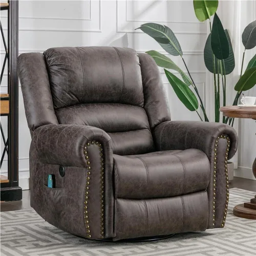 Power Recliner with Heat and Massage – Swivel Rocking Recliner Chair, USB Charging Ports, Side Storage Pockets, Manual Recline Option for Living