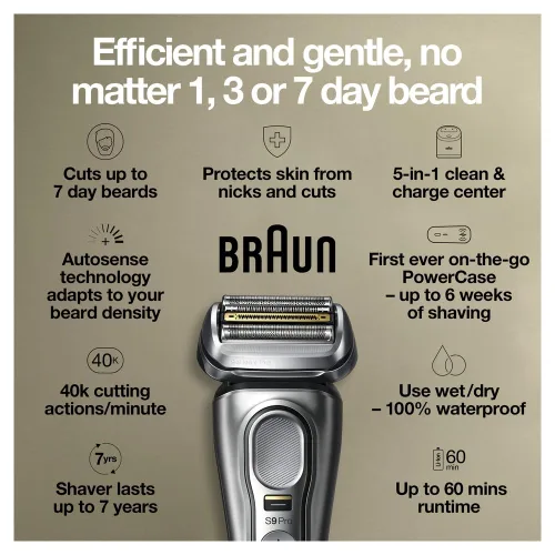 Miniatura 3 de Braun Maquinilla de afeitar eléctrica para hombres, afeitadora de papel de aluminio impermeable, serie 9 Pro 9477cc, afeitado húmedo y seco