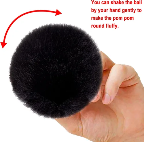 Miniatura 3 de BQTQ 26 piezas pompones de piel sintética de conejo pelotas pom pom negras pompones esponjosos con lazo elástico manualidades para sombreros