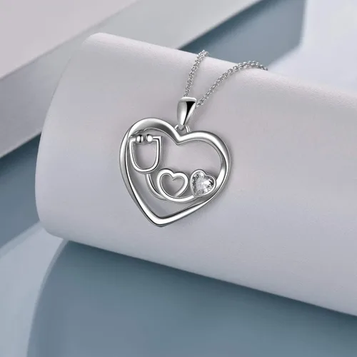 Miniatura 3 de Collar con estetoscopio de plata de ley con diseño de corazón y enfermería, regalo para enfermeras y médicos