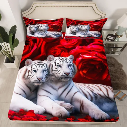 Miniatura 26 de Erosebridal Juego de sábanas bajeras de rosas rojas y leopardo, tamaño individual, diseño de animales africanos salvajes, diseño de plantas