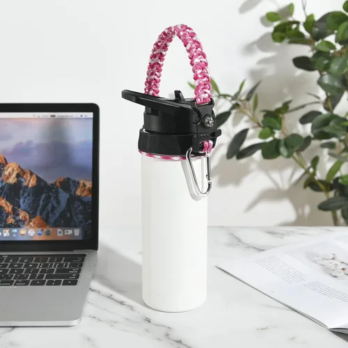 Miniatura 5 de Paracord Handle for Hydro Flask Water Bottles Standard/Wide Mouth, Strap Holder with Safety Rubber Ring & Carabiner, Easy to Carry and Durable Rosado