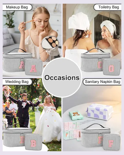 Miniatura 2 de Juego de bolsas de maquillaje con iniciales para niñas y mujeres, bolsa de cosméticos con monograma con soporte para cepillos, estuche de maquillaje