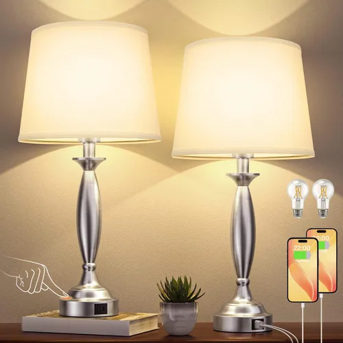 Miniatura 5 de Juego de 2 lámparas blancas para dormitorio, lámpara de noche de control táctil con USB C+A, lámparas de mesita de noche regulables de 3 vías