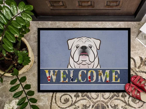 Miniatura 3 de Caroline's Treasures BB1406MAT - Tapete de bienvenida de bulldog inglés blanco de 18 x 27 pulgadas, tapete azul para puerta delantera, para Bulldog