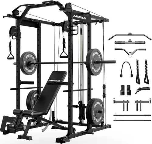 Miniatura 11 de Mikolo Jaula de Potencia, Rack de Potencia con Sistema de Cruce de Cables, 1500LBS Rack para Sentadillas con Sistema de Jalón LAT, Jaula de Rojo