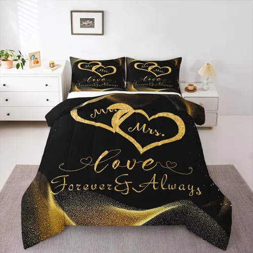 Erosebridal Juego de edredón para parejas, juego de ropa de cama tamaño individual con lentejuelas doradas con purpurina dorada, edredón acolchado
