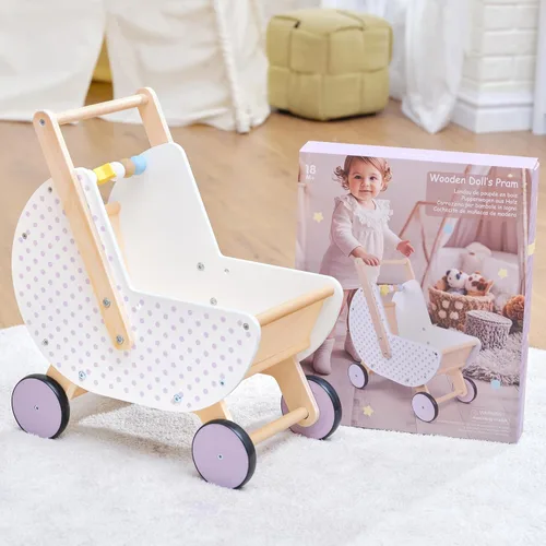 Miniatura 5 de Pillowhale Andador de madera y cochecito de muñeca – Carro de empuje con mango ajustable, antipunta, ruedas silenciosas, carrito de compras