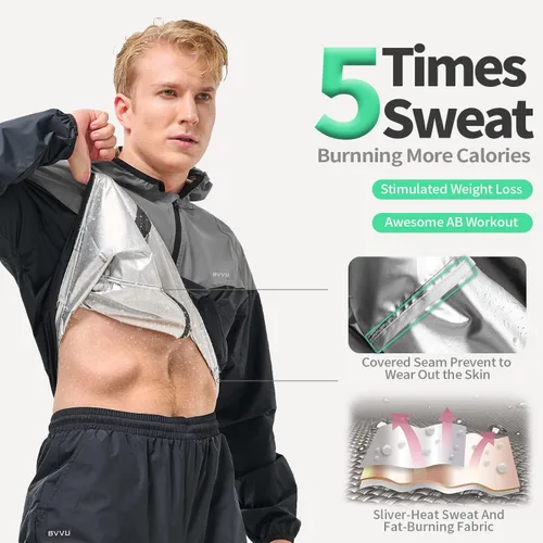 Miniatura 2 de BVVU Traje de sauna para hombre, con cremallera, con capucha, chaqueta de sauna, pantalones, gimnasio, entrenamiento, cuerpo completo