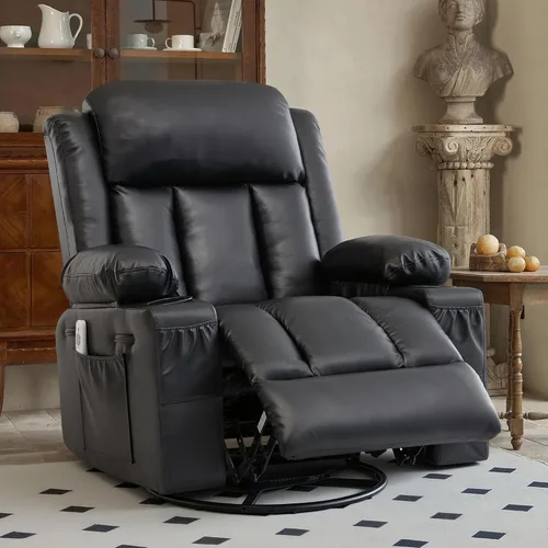 Rocker - Silla reclinable con calor y masaje, silla reclinable giratoria de 360° para adultos, asiento reclinable de piel sintética con 2 portavasos