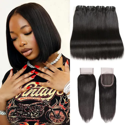 Miniatura 23 de Liang Dian Paquetes de cabello humano corto de 8 pulgadas color natural 4 paquetes 12A cabello virgen brasileño 100% cabello humano liso sin